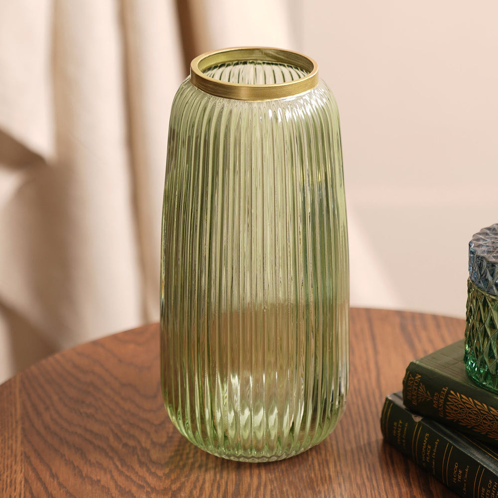Green Ribbed Glass Vase With Gold Detailing
