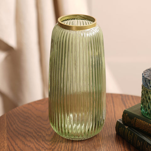 Green Ribbed Glass Vase With Gold Detailing