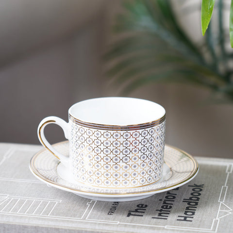 Set Of 6 Geometric Design Tea Cup & Saucer