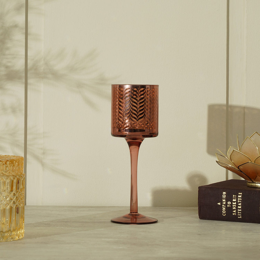 Pink And Gold Herringbone Pattern Glass Candle Holder