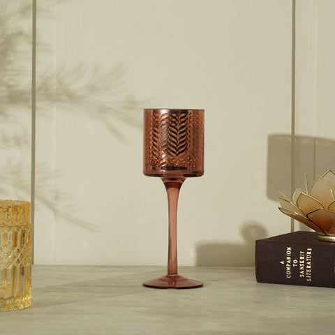 Pink And Gold Herringbone Pattern Glass Candle Holder