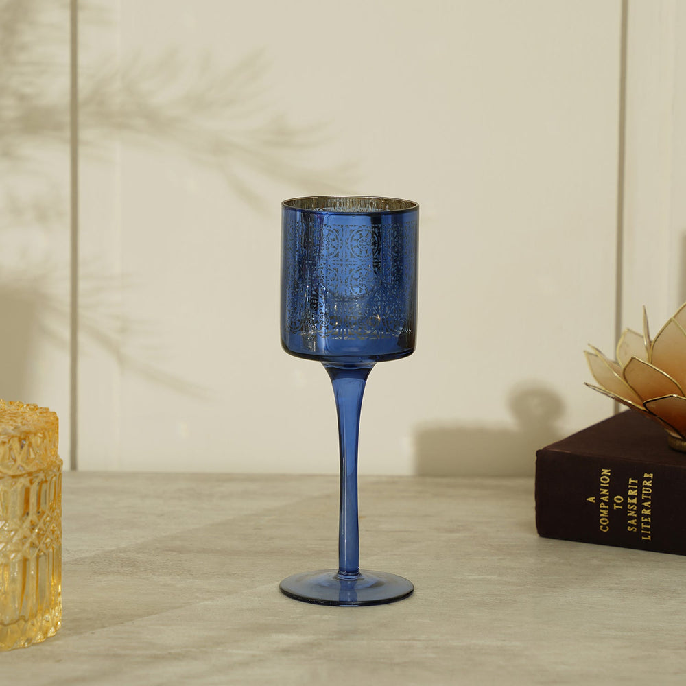 Blue And Gold Patterned Glass Candle Holder