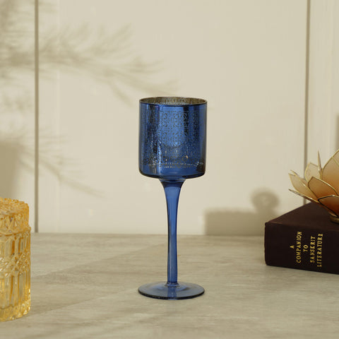 Blue And Gold Patterned Glass Candle Holder