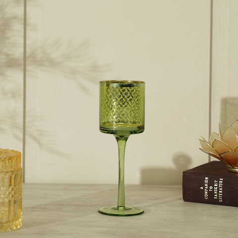 Green And Gold Patterned Glass Candle Holder