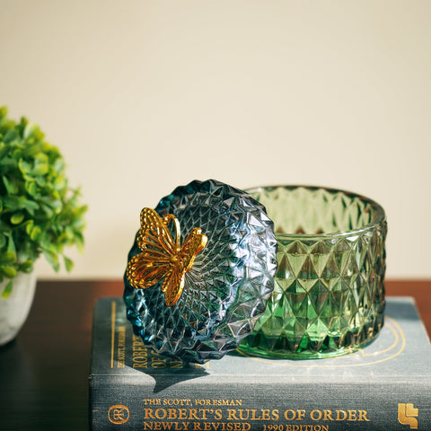 Blue And Green Diamond Cut Decorative Glass Container