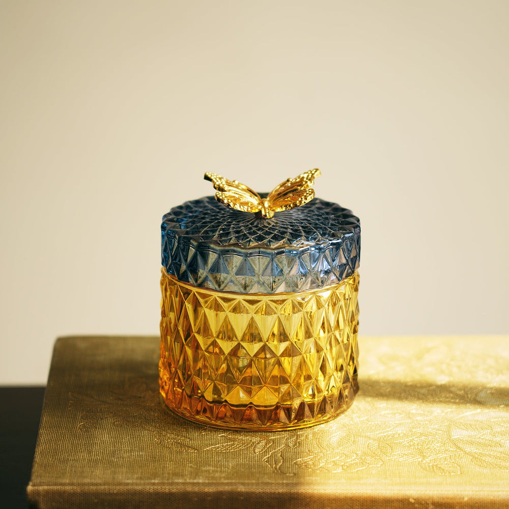Blue And Brown Diamond Cut Decorative Glass Container