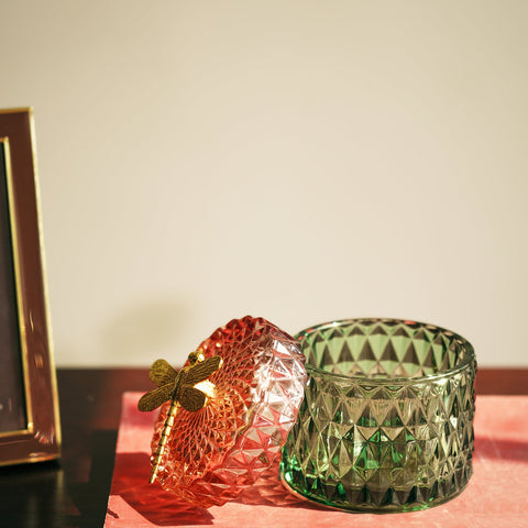 Pink And Green Diamond Cut Decorative Glass Container
