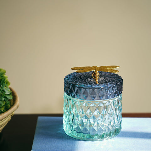 Blue Diamond Cut Decorative Glass Container