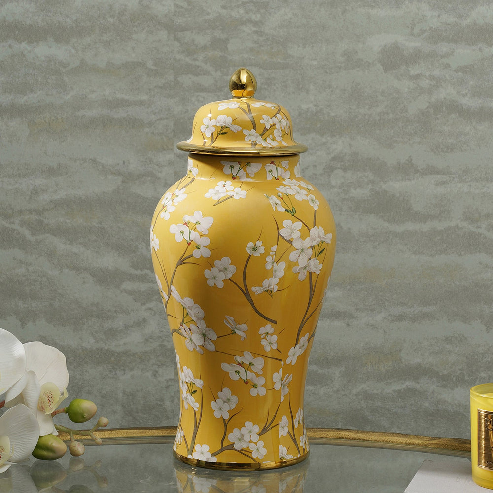 Mustard Floral Pattern Ceramic Urn