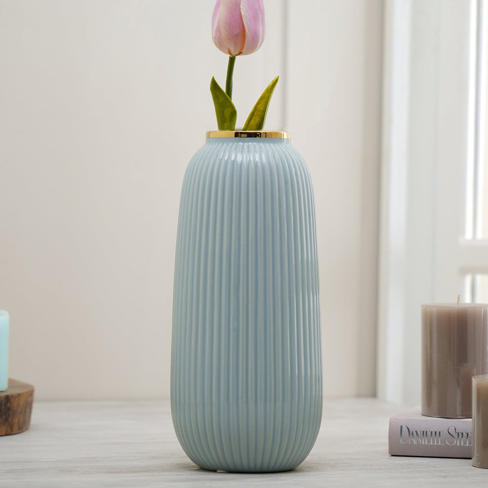 Blue Ribbed Ceramic Vase
