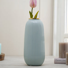 Blue Ribbed Ceramic Vase