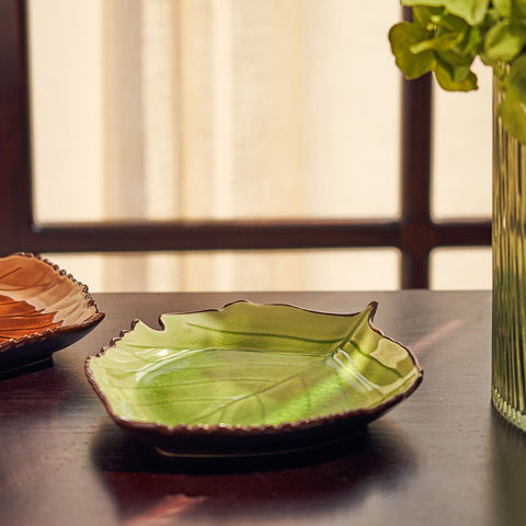 Green Birch Leaf Ceramic Platter