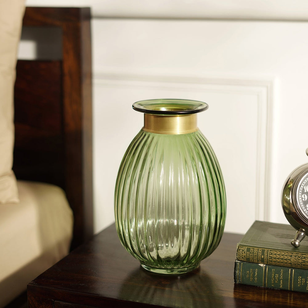 Green Ribbed Glass Vase
