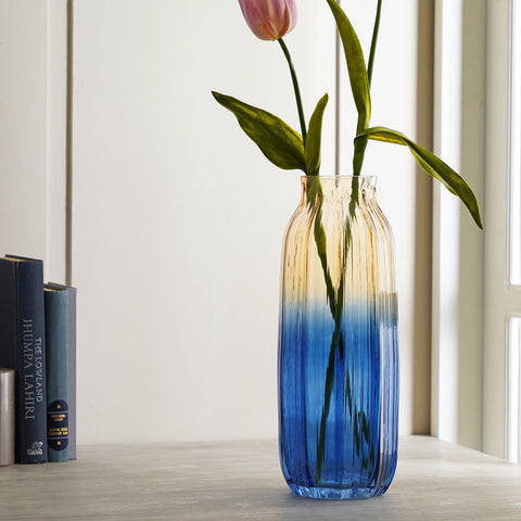 Blue And Gold Ombre Ribbed Glass Vase