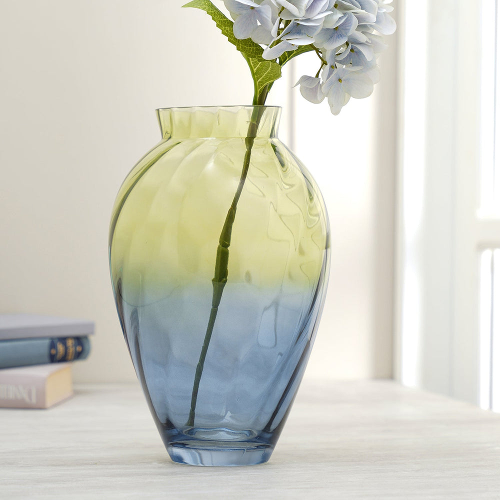 Green And Blue Ombre Ribbed Glass Vase
