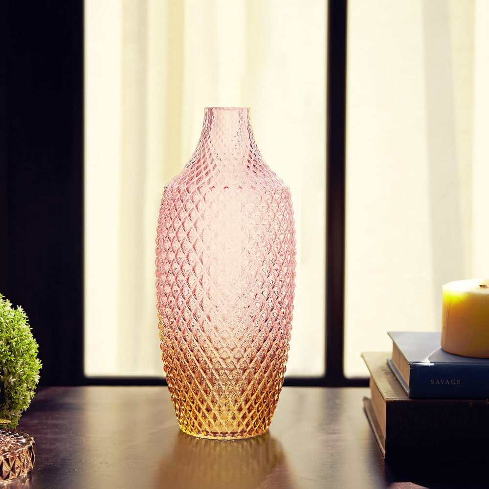 Pink And Brown Ombre Diamond Cut Glass Vase