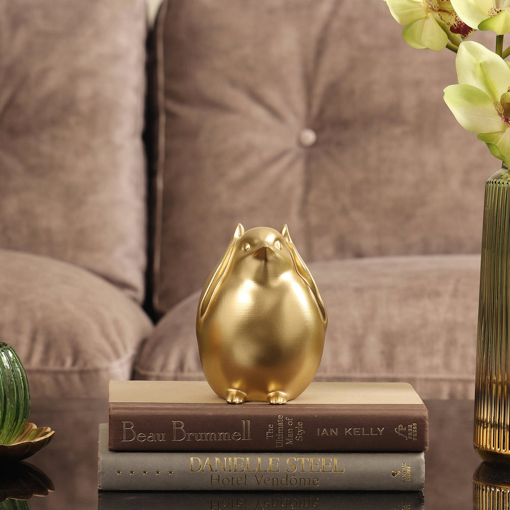 Gold Polyresin Sparrow Figurine With Closed Ears