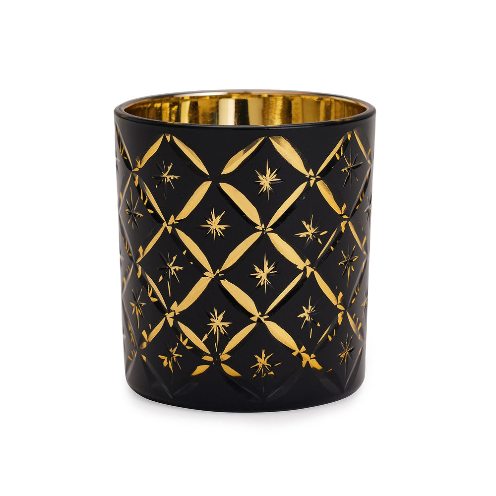 Set of 4 - Black & Gold Cutwork Glass Votives - Small