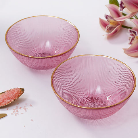 Set Of 2 Pink Radial Glass Serving Bowls