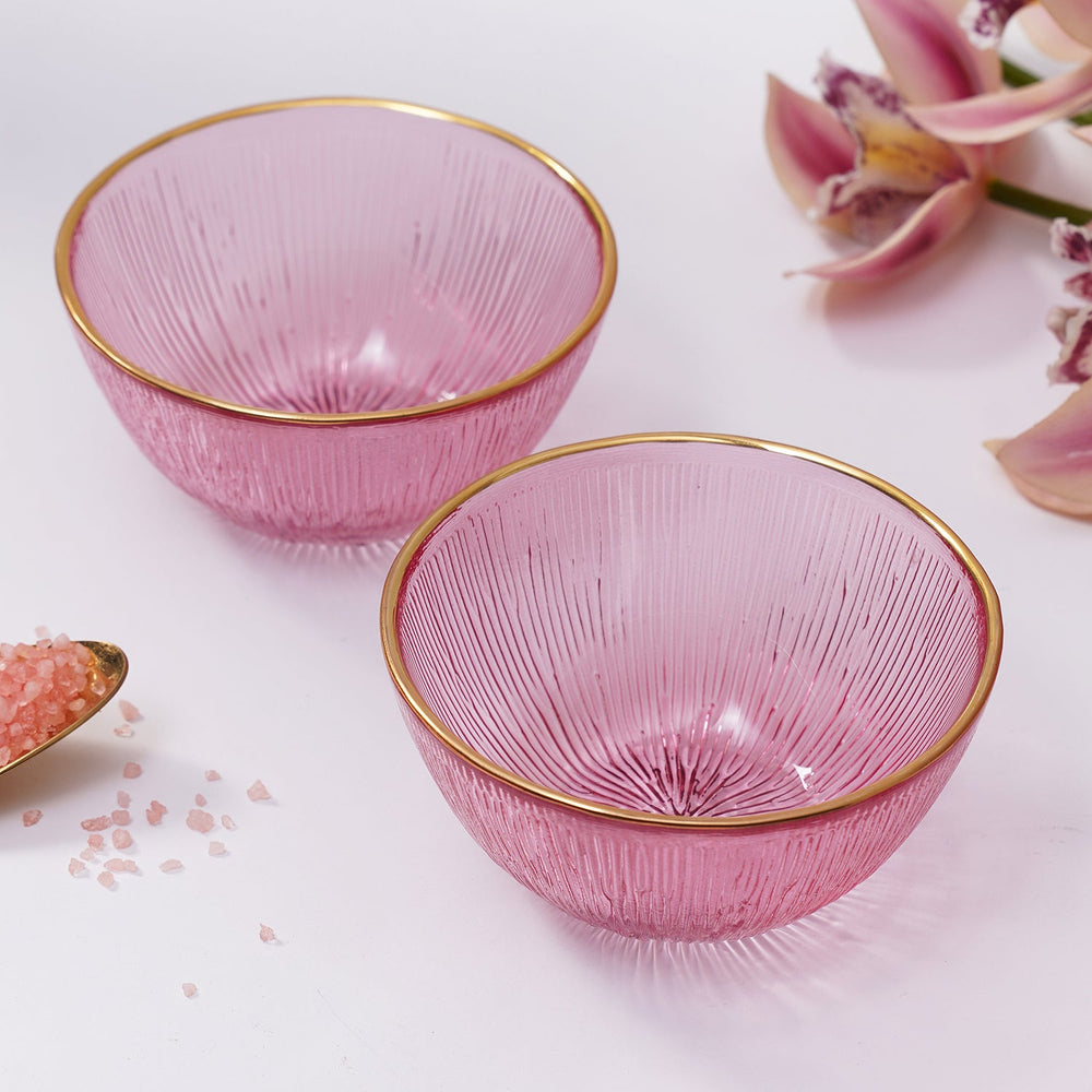 Set Of 2 Pink Radial Small Glass Bowls