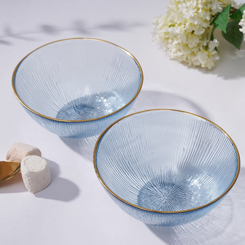 Set Of 2 Light Blue Radial Glass Serving Bowls