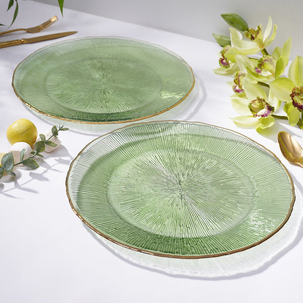 Set Of 2 Light Green Radial Glass Charger Plates