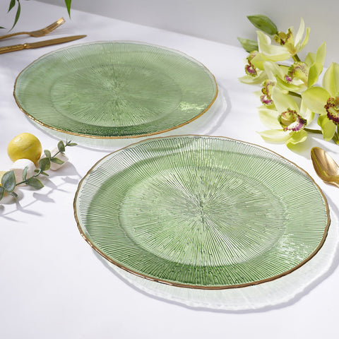 Set Of 2 Light Green Radial Glass Charger Plates