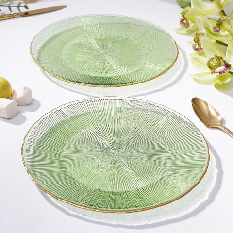 Set Of 2 Light Green Radial Glass Dinner Plates
