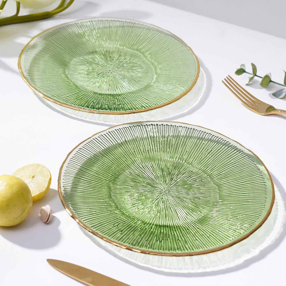 Set Of 2 Green Radial Glass Dessert Plates