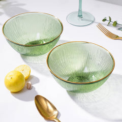 Set Of 2 Light Green Radial Glass Serving Bowls