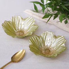 Set Of 2 Green Floral Shaped Small Glass Bowls