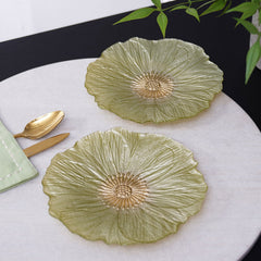 Set Of 2 Green Floral Shaped Glass Dessert Plates