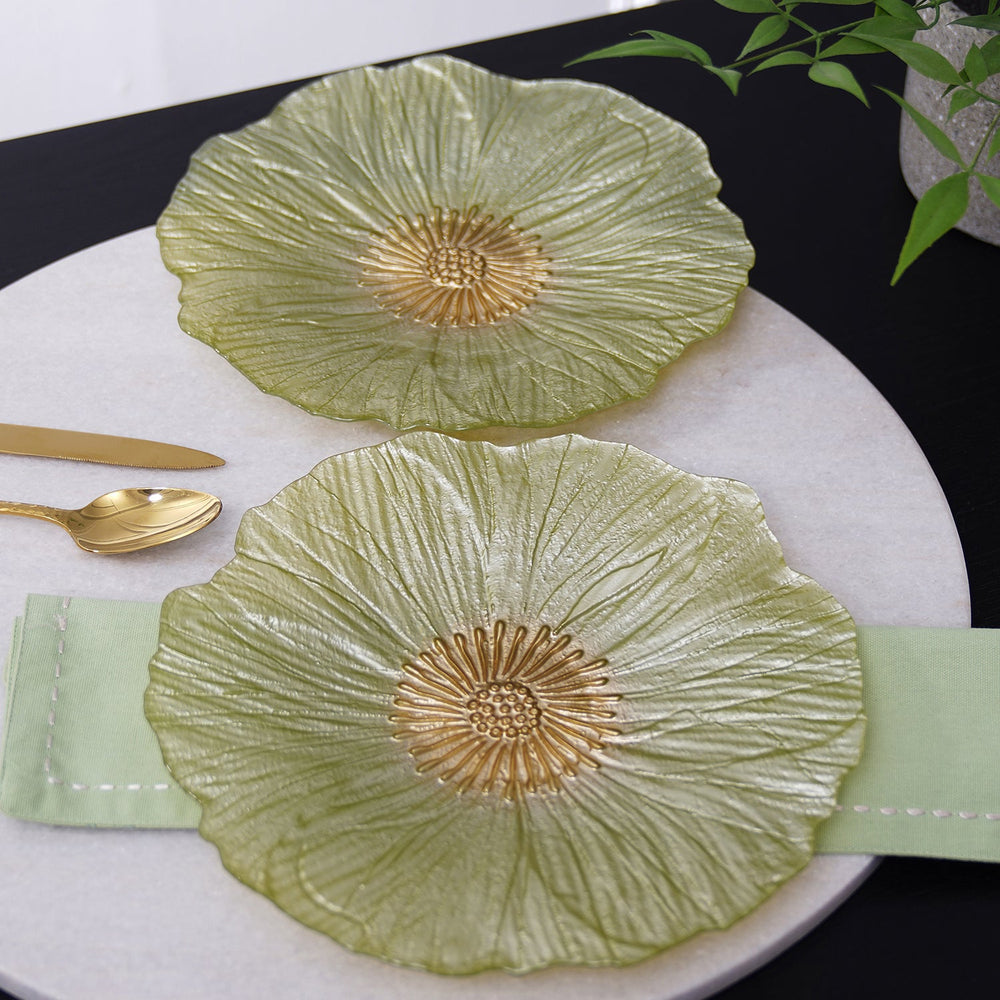 Set Of 2 Green Floral Shaped Glass Dinner Plates