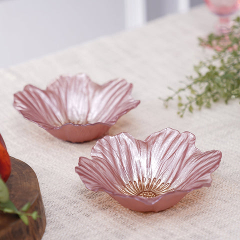 Set Of 2 Pink Floral Shaped Small Glass Bowls