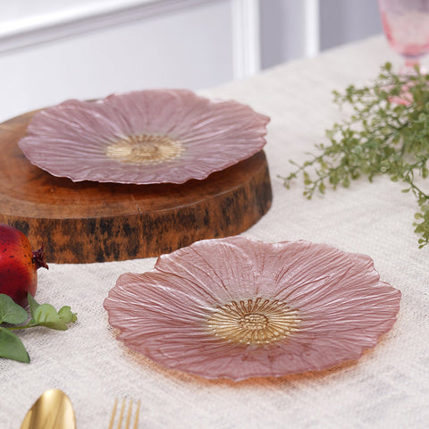 Set Of 2 Pink Floral Shaped Glass Dessert Plates