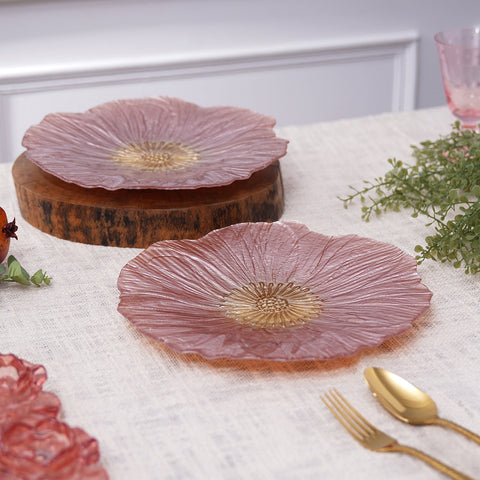 Set Of 2 Pink Floral Shaped Glass Dinner Plates
