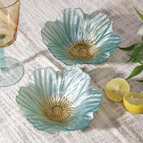 Set Of 2 Blue Floral Shaped Small Glass Bowls