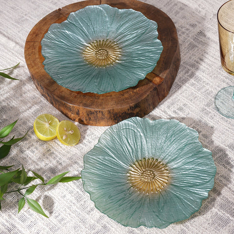 Set Of 2 Blue Floral Shaped Glass Dessert Plates