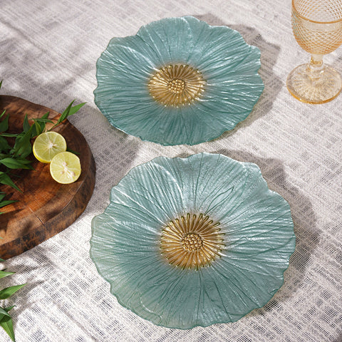 Set Of 2 Blue Floral Shaped Glass Dinner Plates