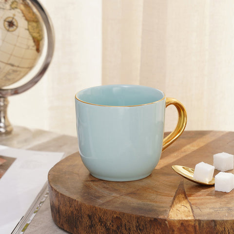 Set Of 2 Blue Porcelain Coffee Mugs With Gold Handle