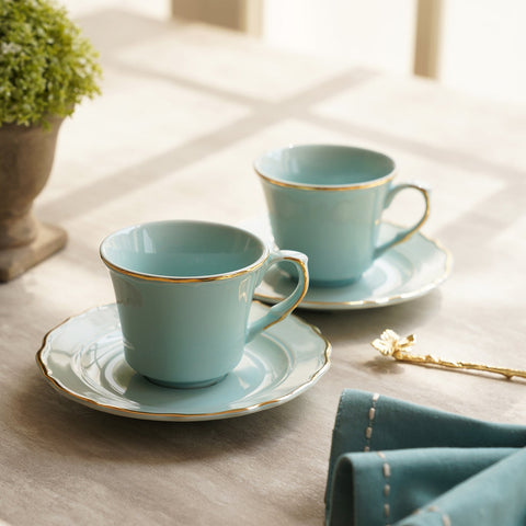 Set Of 2 Blue Porcelain Cups & Saucers With Gold Rim
