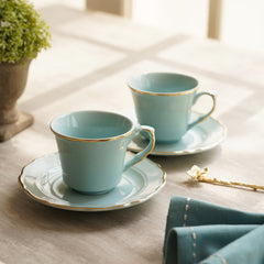 Set Of 2 Blue Porcelain Cups & Saucers With Gold Rim