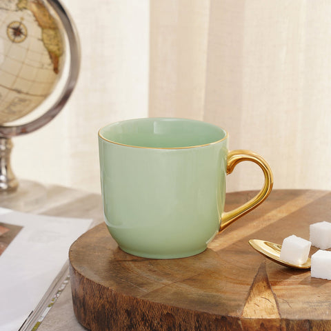 Set Of 2 Green Porcelain Coffee Mugs With Gold Handle