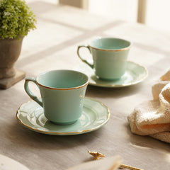 Set Of 2 Green Porcelain Tea Cups & Saucers With Gold Rim