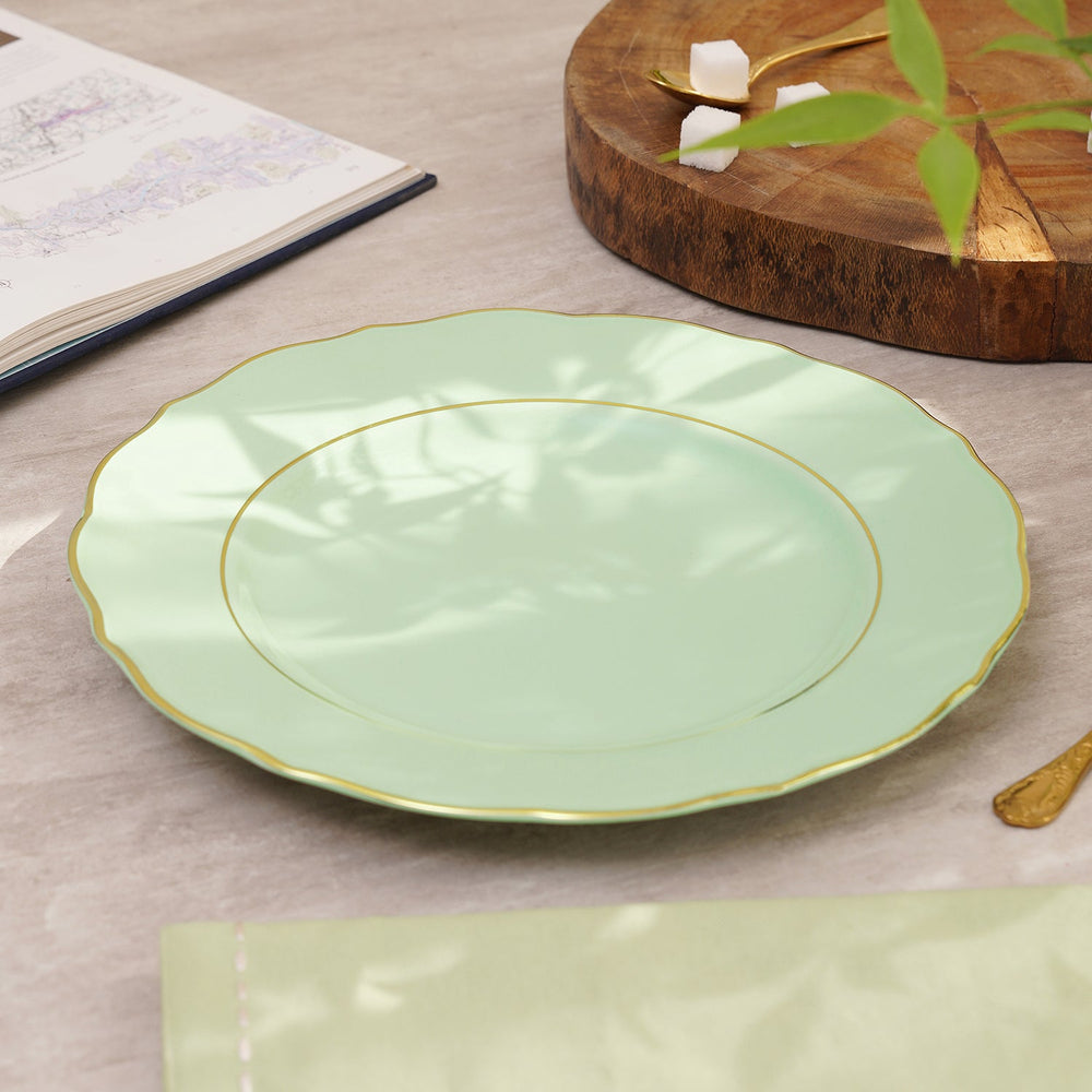 Set Of 2 Green Porcelain Dinner Plates With Gold Rim