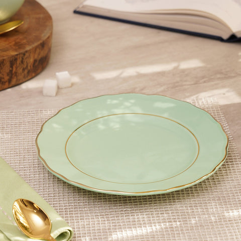 Set Of 2 Green Porcelain Dessert Plates With Gold Rim