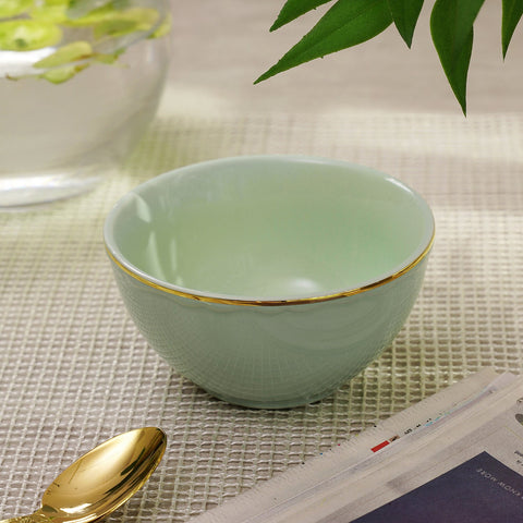 Set Of 2 Green Small Porcelain Bowls With Gold Rim