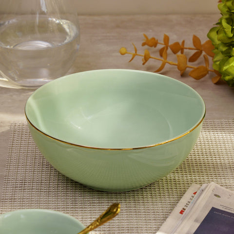 Green Porcelain Serving Bowl With Gold Rim