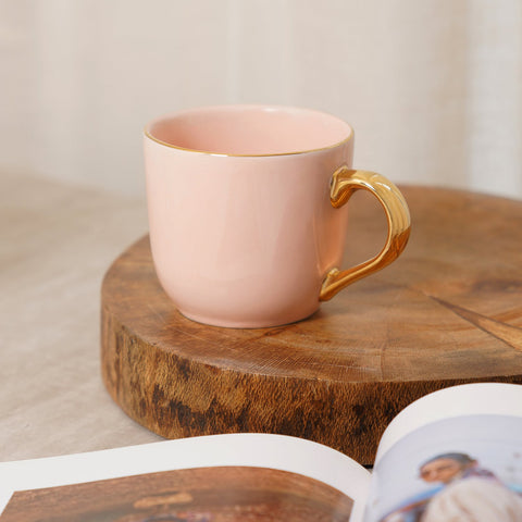 Set Of 2 Pink Porcelain Coffee Mugs With Gold Handle