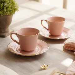Set Of 2 Pink Porcelain Tea Cups & Saucers With Gold Rim